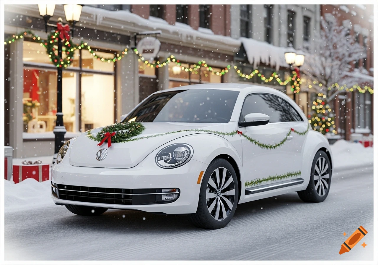 A white Volkswagen Beetle car decorated with a Christmas wreath and green garland, parked on a snowy city street in front of festive shops.
