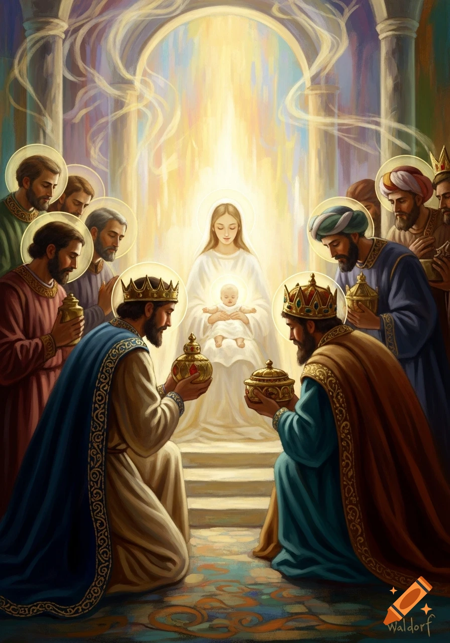A painting in the Waldorf style depicts the Adoration of the Magi, with Mary holding baby Jesus, surrounded by kings and other figures presenting gifts.