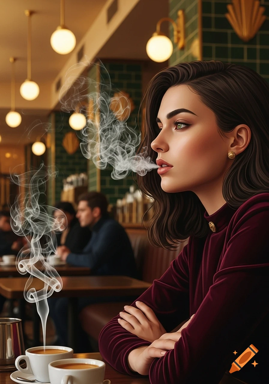 A woman with dark hair in a burgundy top sits in a cafe, exhaling smoke from a cigarette. Two cups of coffee are on the table.