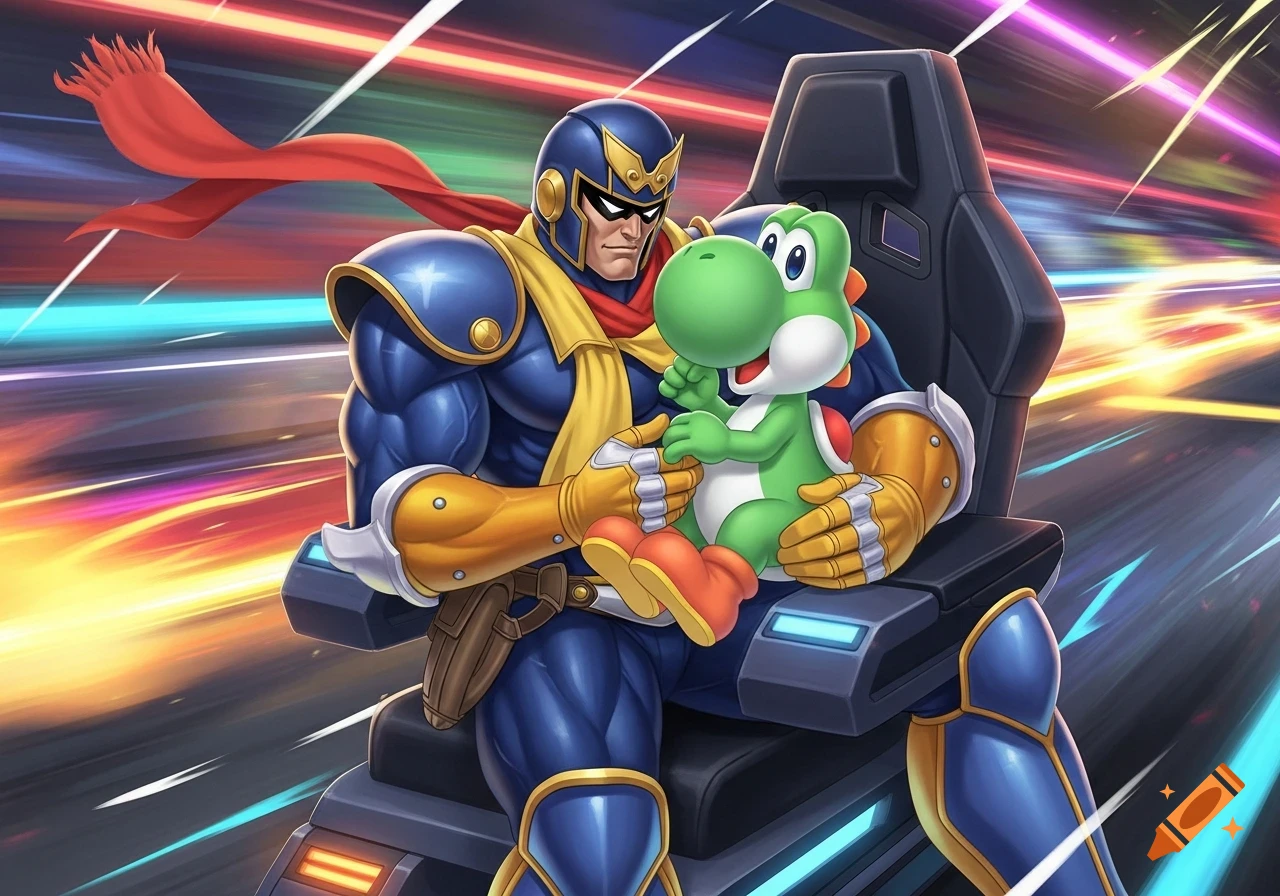 Captain Falcon sits in a racing seat, holding Yoshi on his lap, against a vibrant, motion-blurred background.