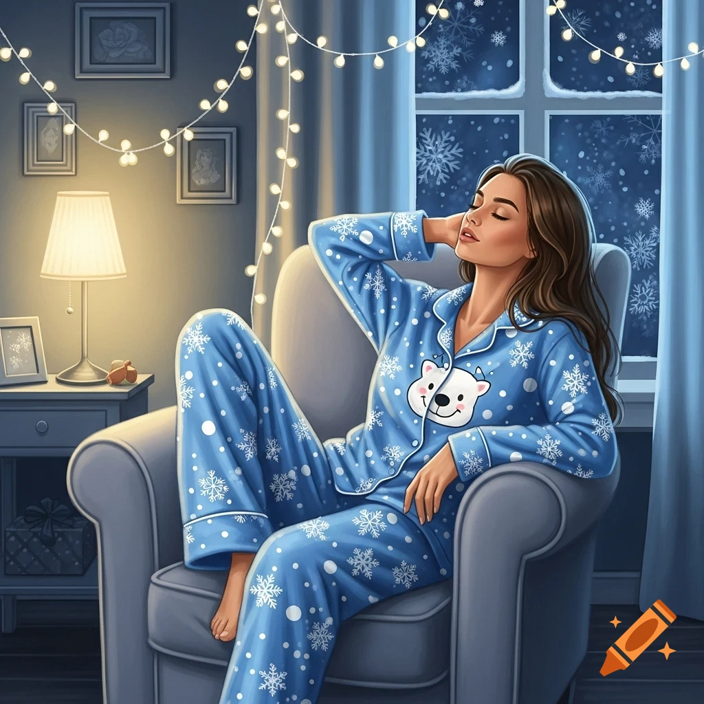 A woman in blue snowflake pajamas relaxing in an armchair by a window on a snowy night, with fairy lights and a lamp.
