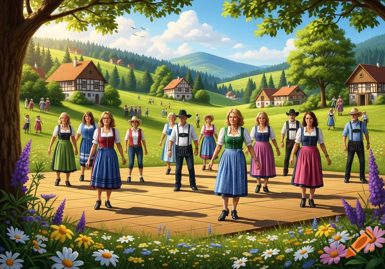 People in traditional German attire, dirndls and lederhosen, stand on a wooden stage in a vibrant, hilly countryside with houses and flowers.