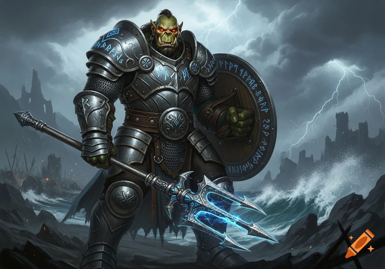 An armored orc warrior with green skin and red eyes stands holding a glowing trident and a runic shield, against a stormy battlefield background with lightning.
