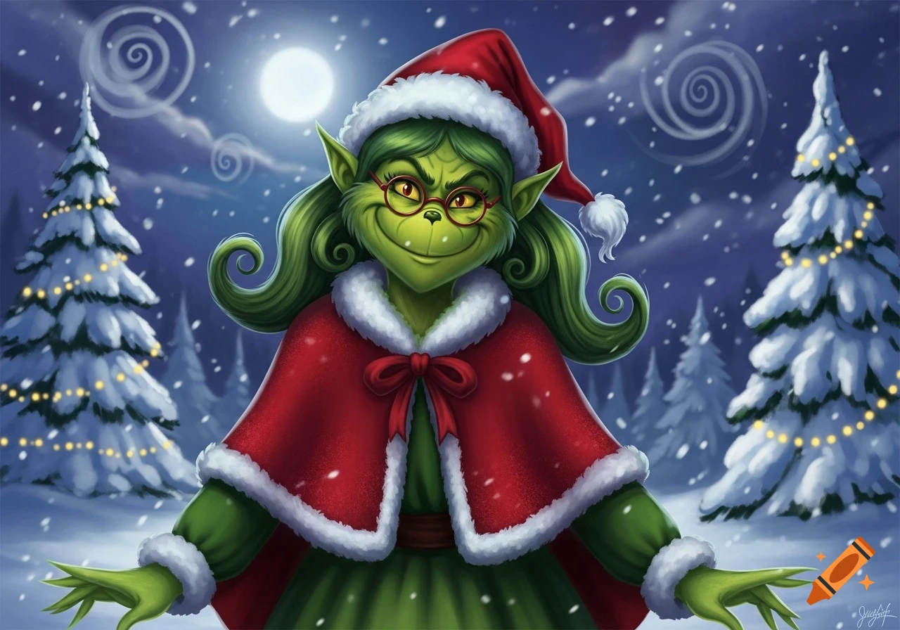 A female Grinch in a Santa hat and red cape stands in a snowy forest at night, smiling under a full moon.