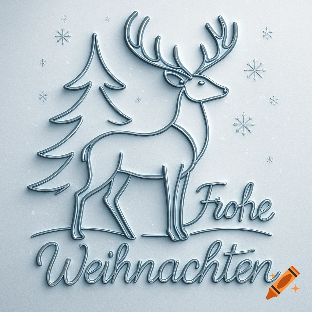 Modern 3D line art illustration of a deer and a Christmas tree with snowflakes, text reads 'Frohe Weihnachten'.
