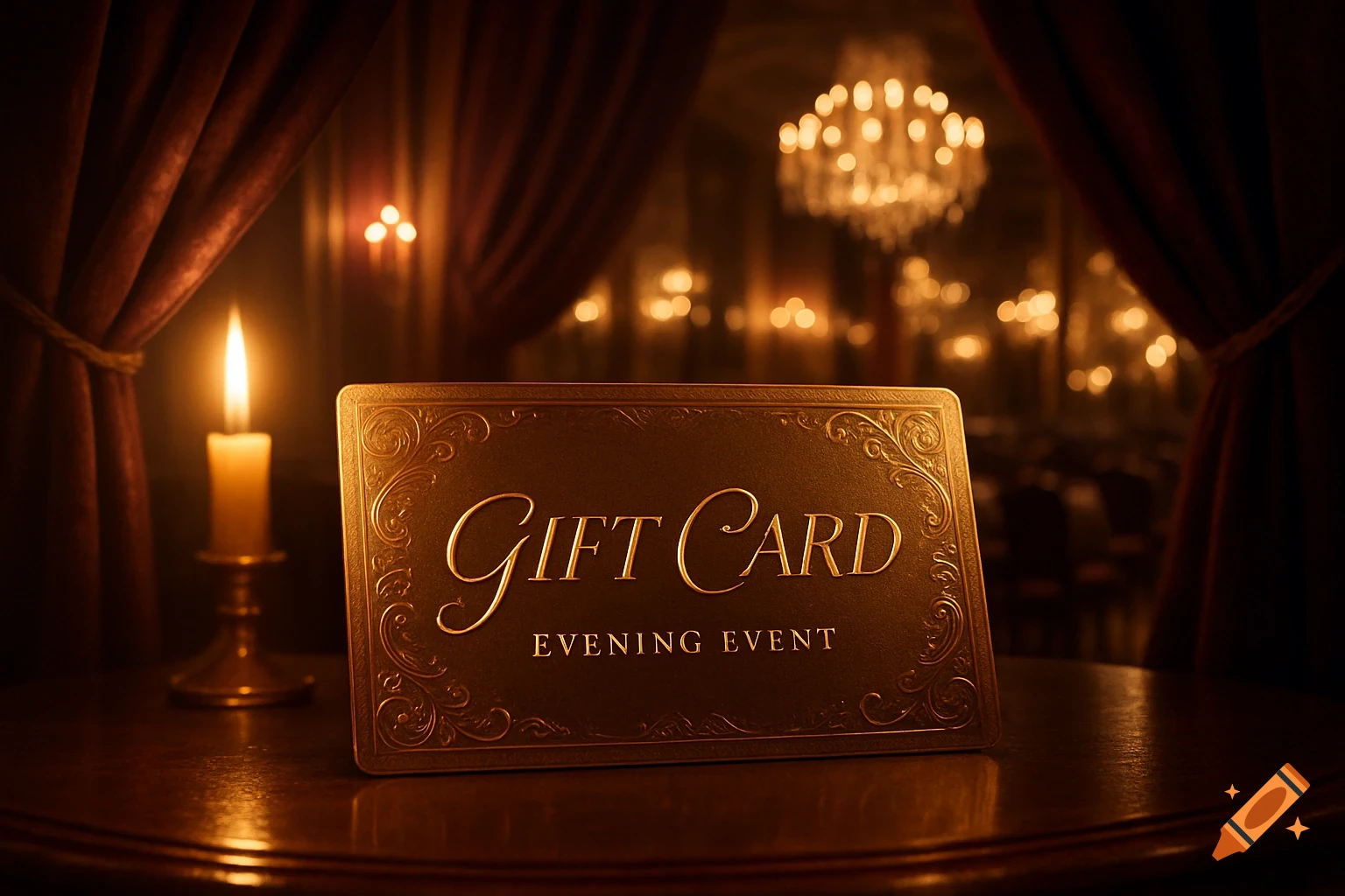 A golden gift card for an 'EVENING EVENT' rests on a polished table, illuminated by a candle, with a chandelier and red curtains in the background.