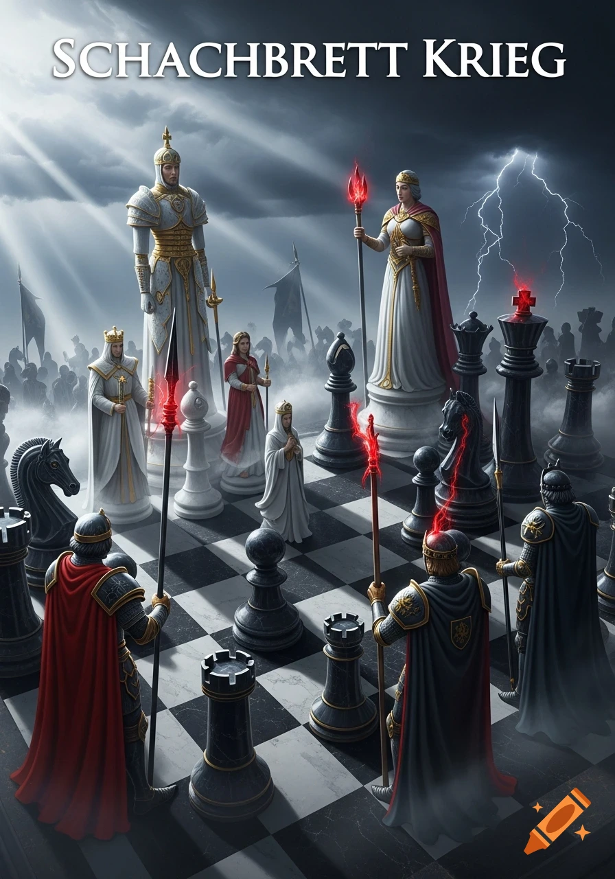 A dramatic fantasy chess battle scene with humanized chess pieces, some holding glowing staffs, under a stormy sky with lightning.