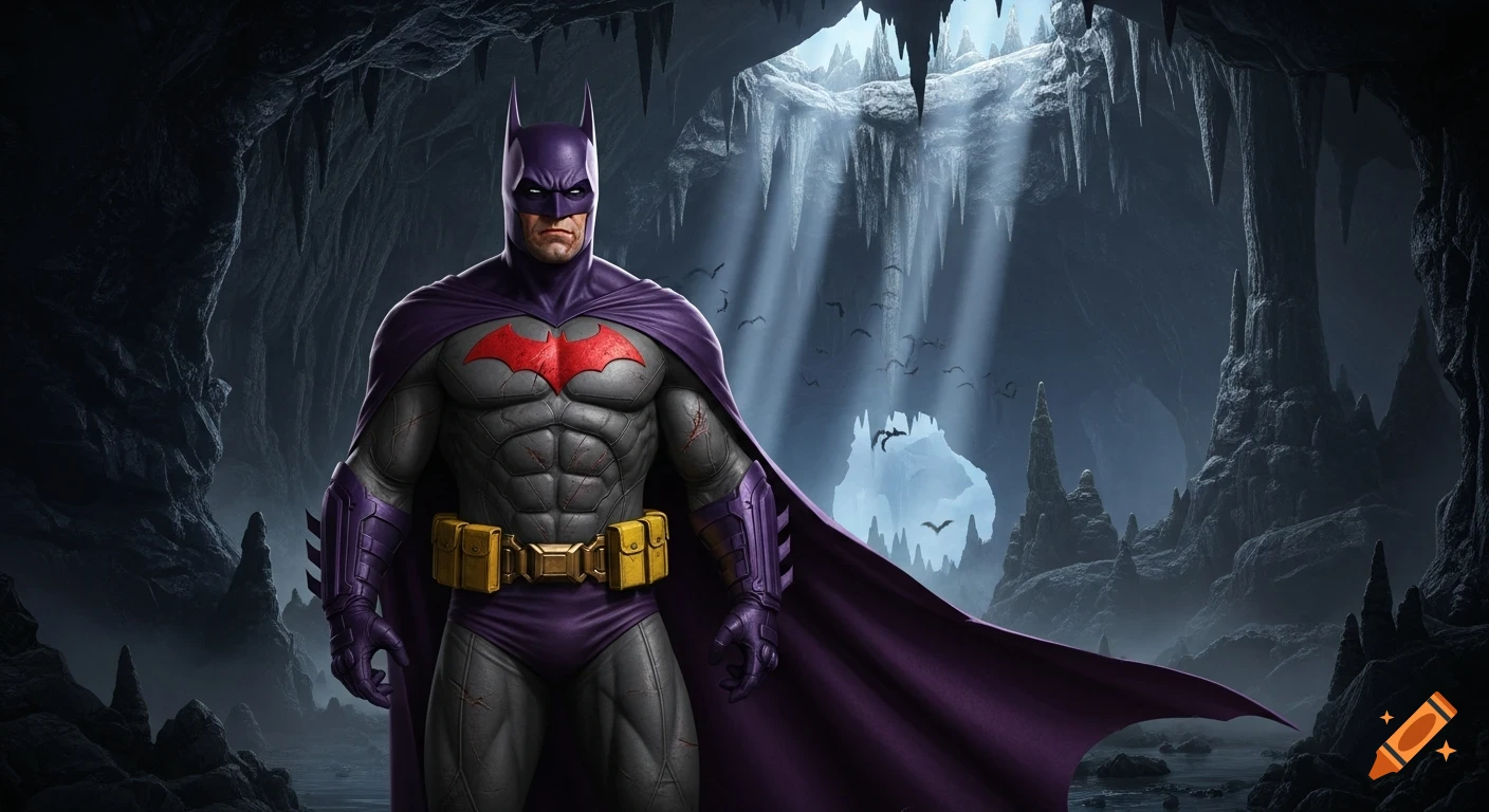 Ultra-realistic cinematic image of Batman Zur-En-Arrh in a purple suit with a red emblem, standing in a dark bat cave.