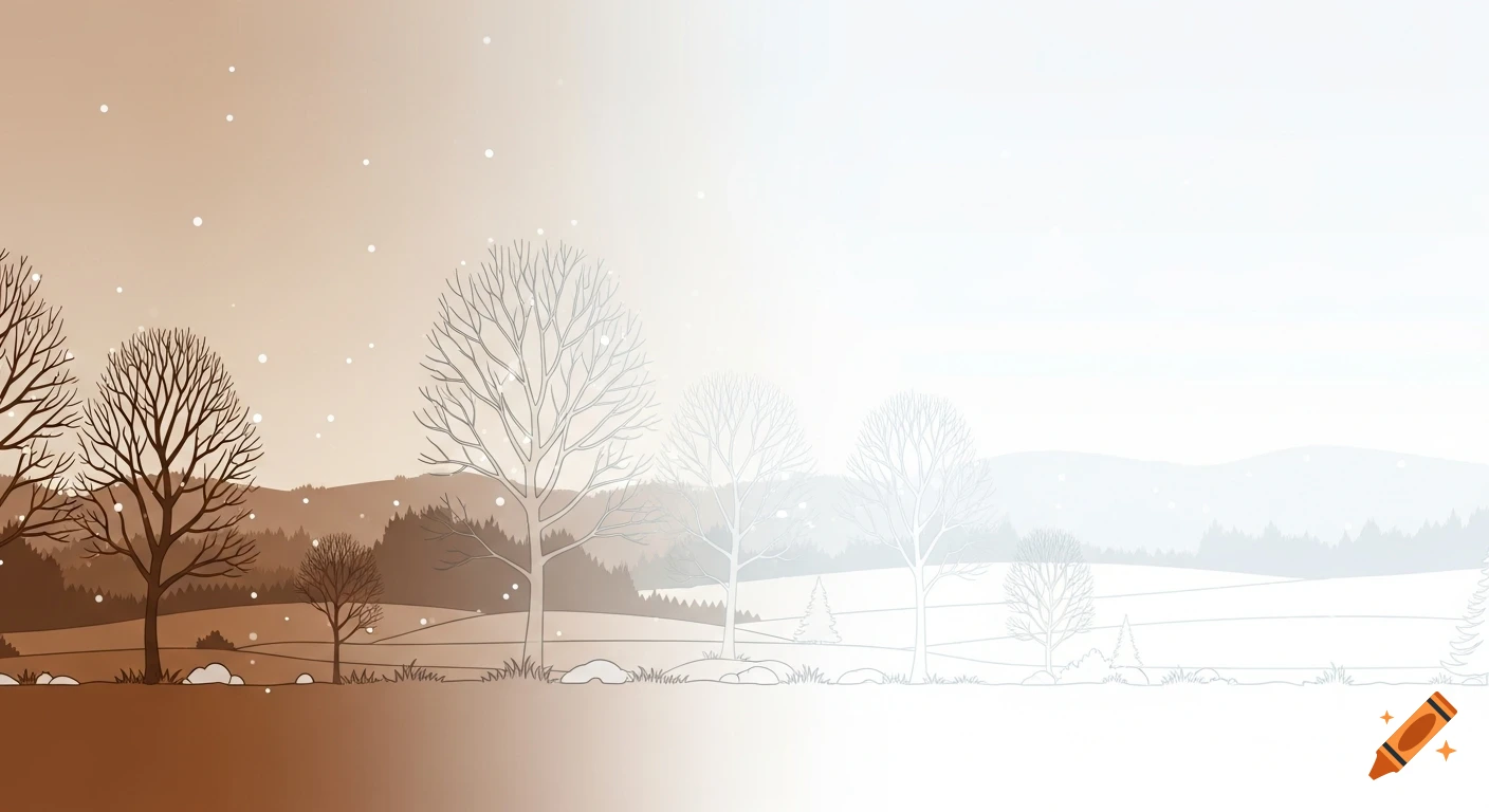 A 2D minimalist flat design landscape depicting a seamless transition from an autumn-like scene with bare trees to a pure white, snowy winter landscape.