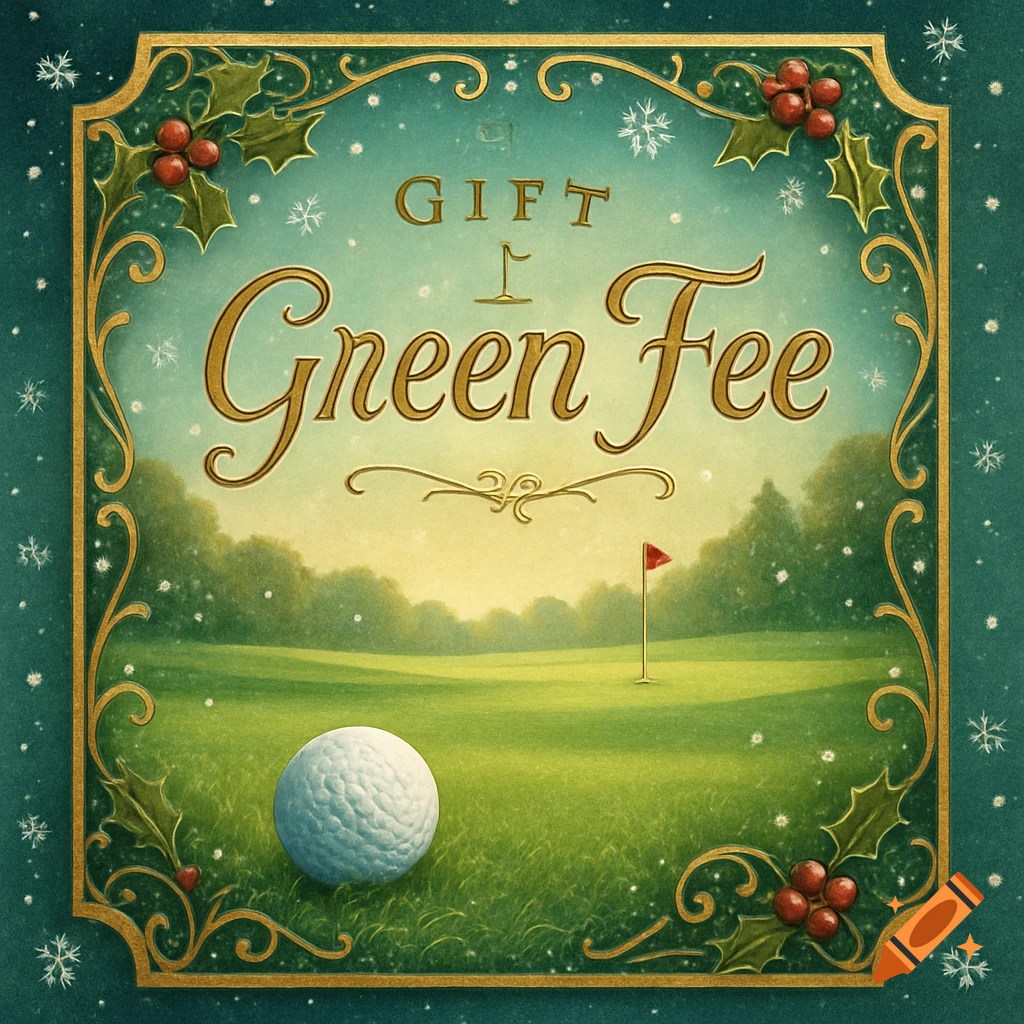 A festive Christmas golf gift card featuring a golf ball and flag on a green, framed by holly and 'GIFT Green Fee' text.