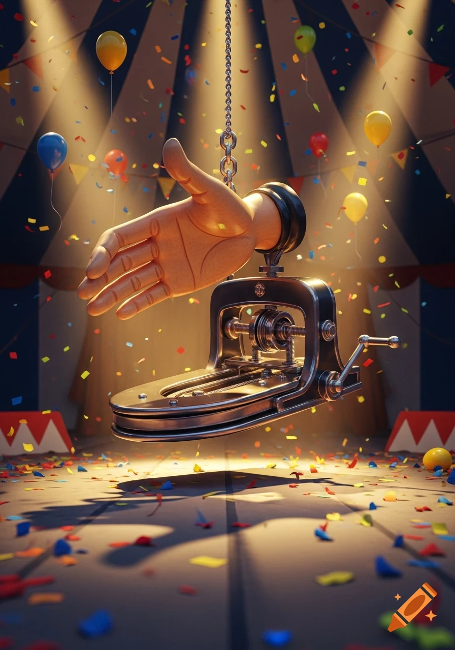 A giant wooden mannequin hand is chained to a complex metal machine, suspended under a spotlight in a circus tent with confetti and balloons.