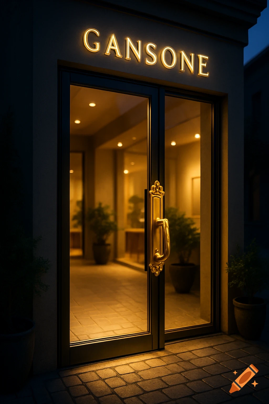 A photorealistic image of a warmly lit 'GANSONE' store entrance at night, featuring a glass door with an ornate golden handle.