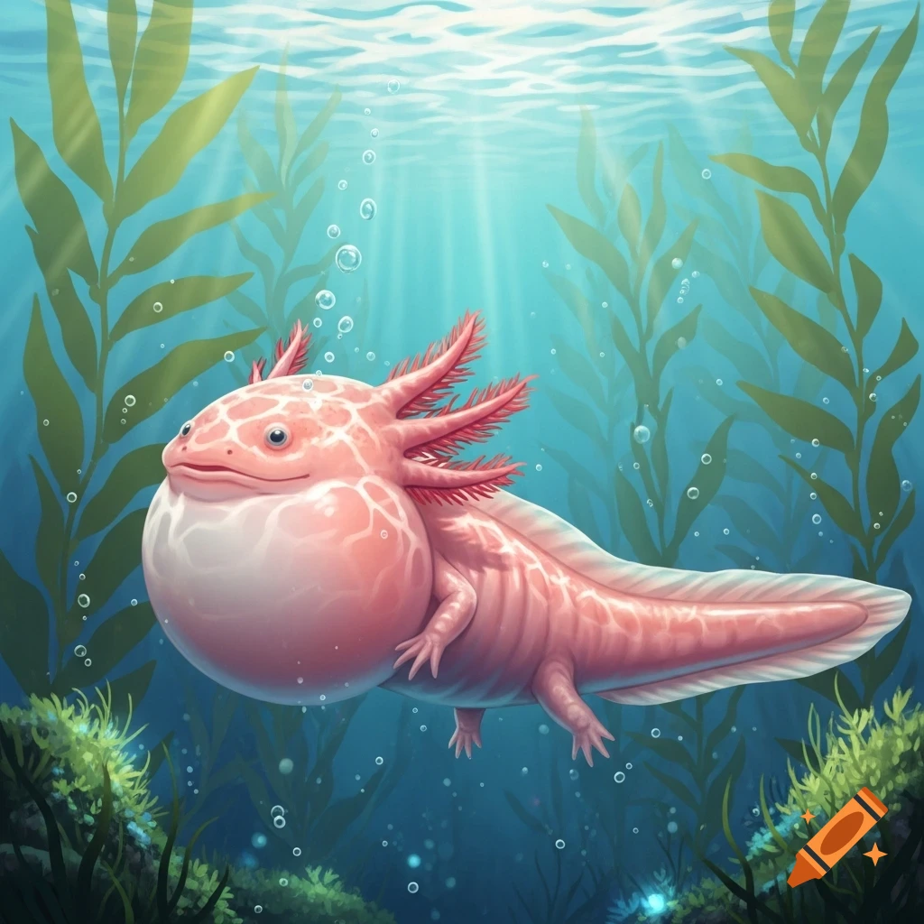 A pink axolotl with a swollen, balloon-like belly swims in a vibrant underwater scene with green seaweed and light rays.
