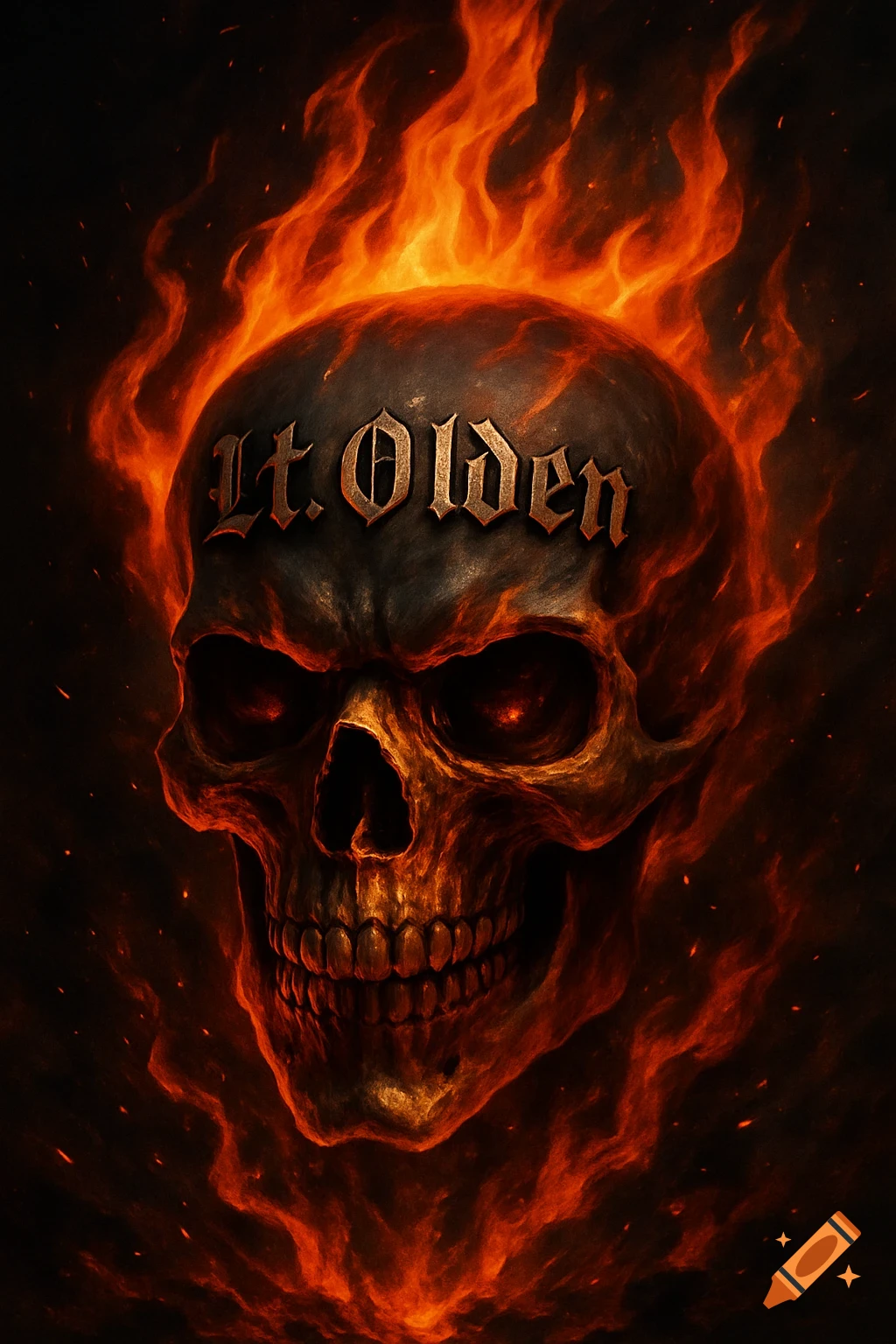 A fiery skull glows intensely, with the words 'Lt. Olden' emblazoned across its forehead in a bold, metallic font.