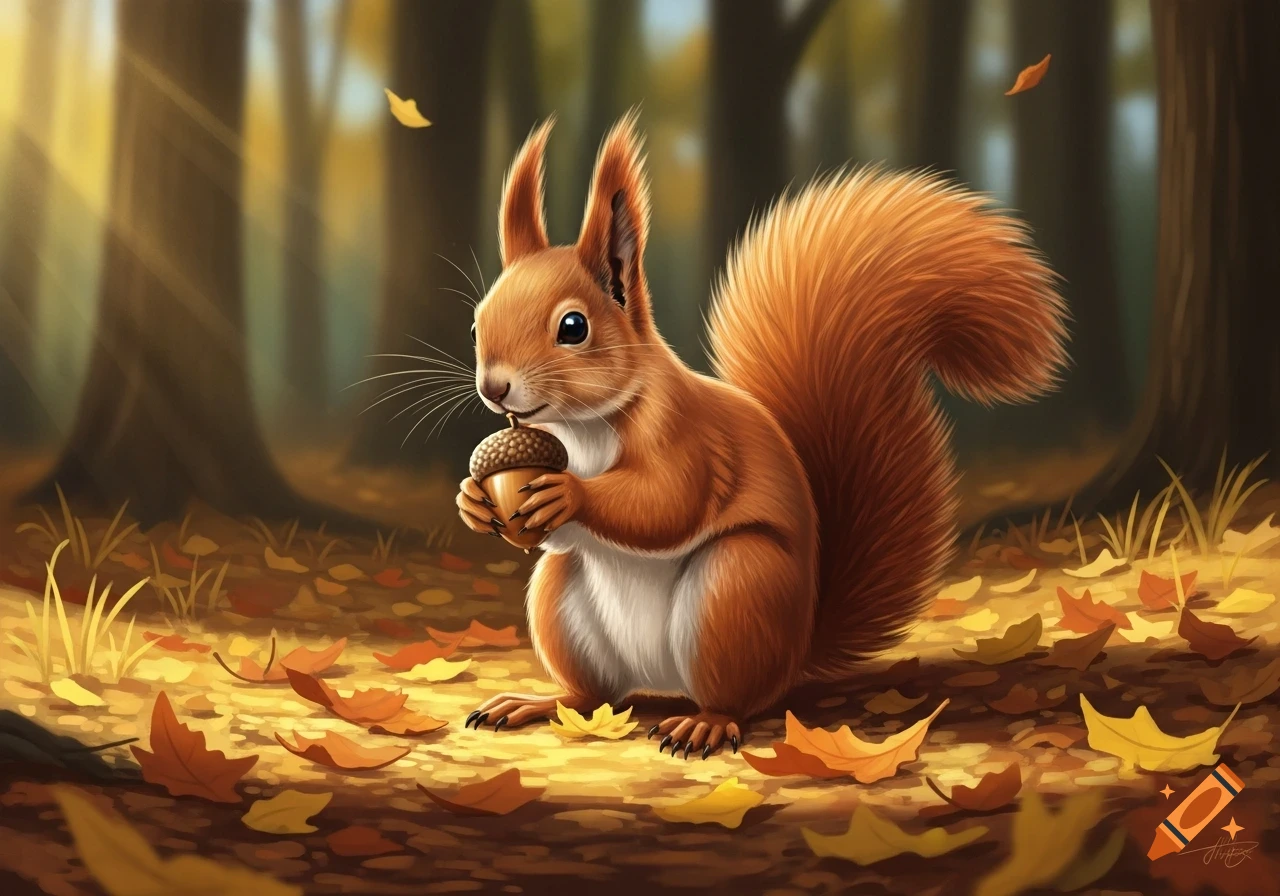 A cute, fluffy red squirrel holding an acorn in a sunlit autumn forest, surrounded by fallen yellow and orange leaves.