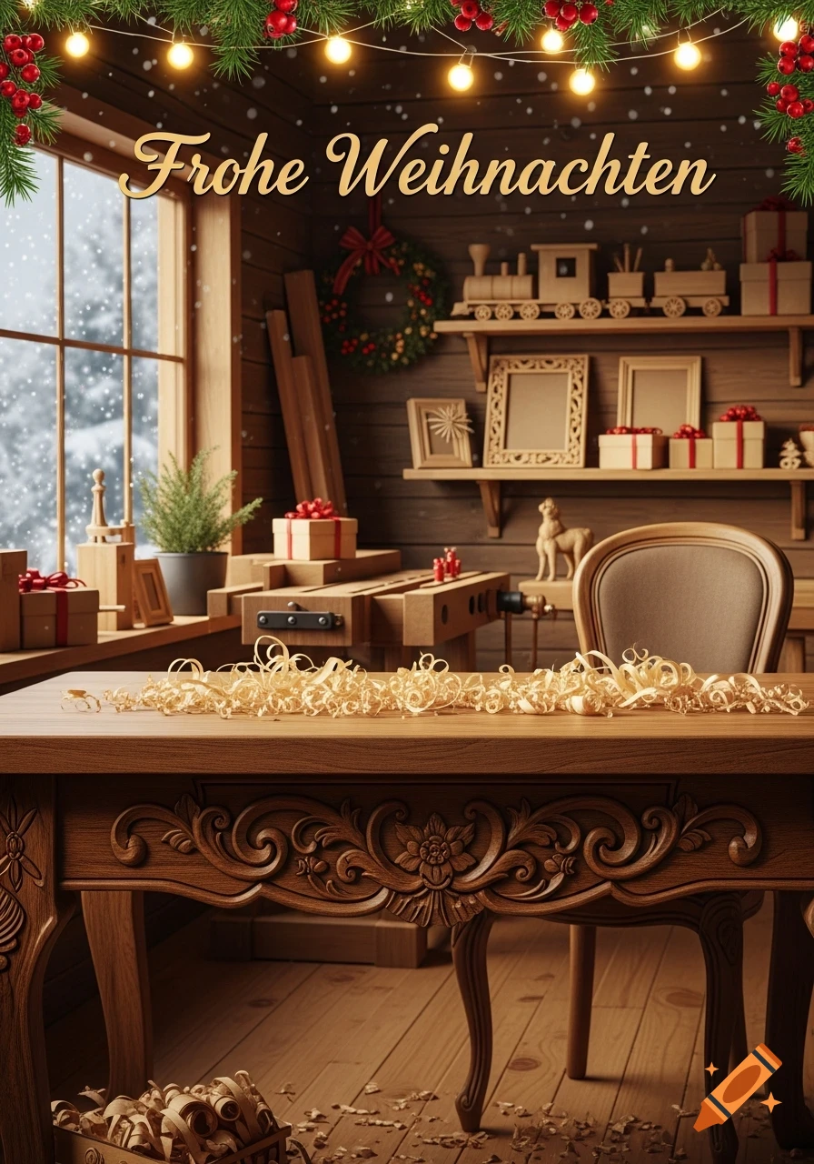 Photorealistic cozy carpenter's workshop decorated for Christmas, with snow outside the window and 'Frohe Weihnachten'.