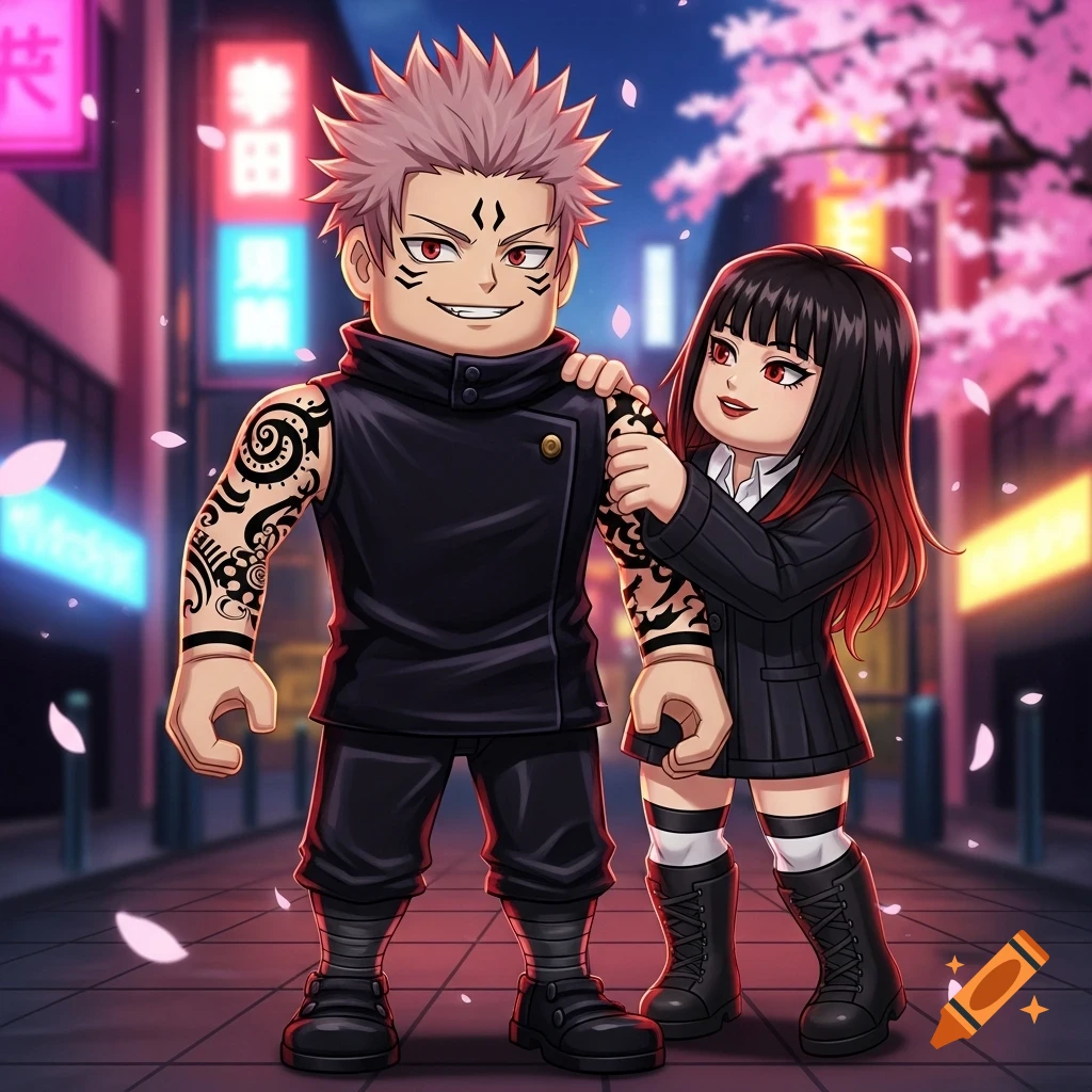 Roblox-style Sukuna and Makima on a night city street with neon signs and cherry blossoms. Makima pats Sukuna's shoulder.