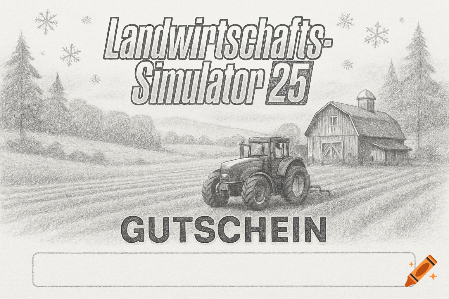 Monochrome pencil drawing of a winter farm scene with a tractor, barn, pine trees, and snowflakes. Text reads 'Landwirtschafts-Simulator 25' and 'GUTSCHEIN'.