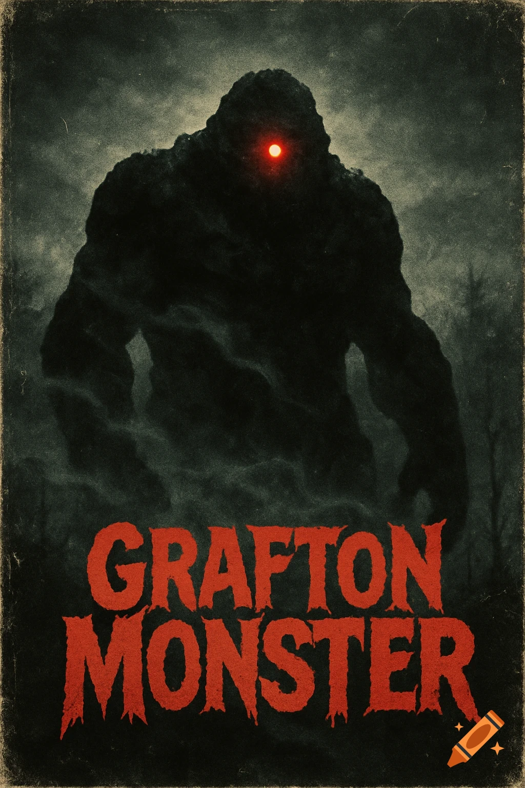 A vintage horror movie poster features a dark, shadowy rock monster with a single glowing red eye, and the title 'GRAFTON MONSTER' in bold red letters.