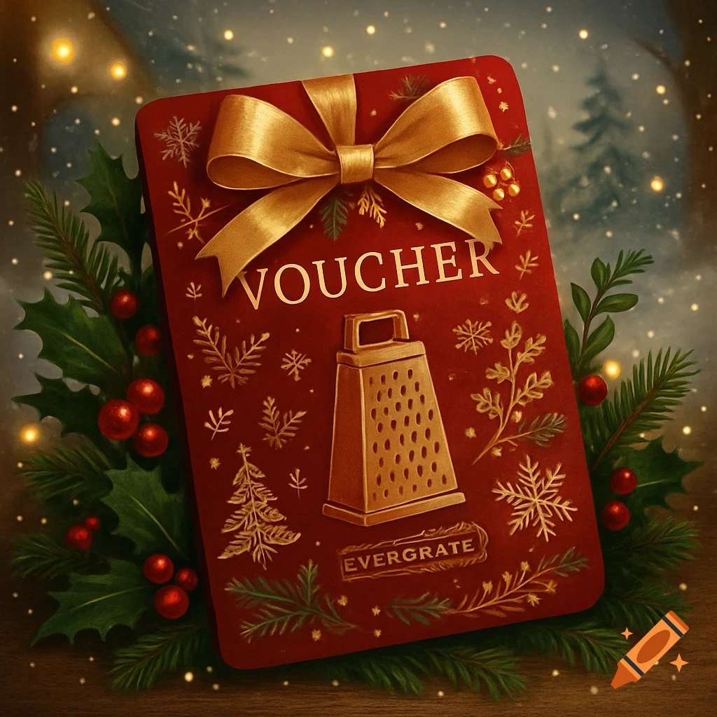 A festive red Christmas voucher with a gold bow, holly, berries, snowflakes, and a golden grater icon. Text reads 'VOUCHER' and 'EVERGRATE'.
