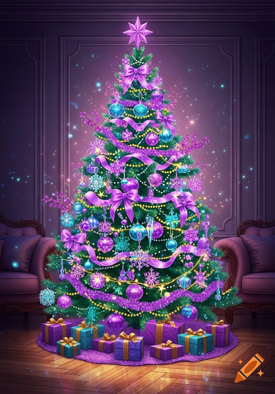 A vibrant Christmas tree adorned with lilac and turquoise ornaments, bows, tinsel, and lights, surrounded by gifts in a purple-lit room.