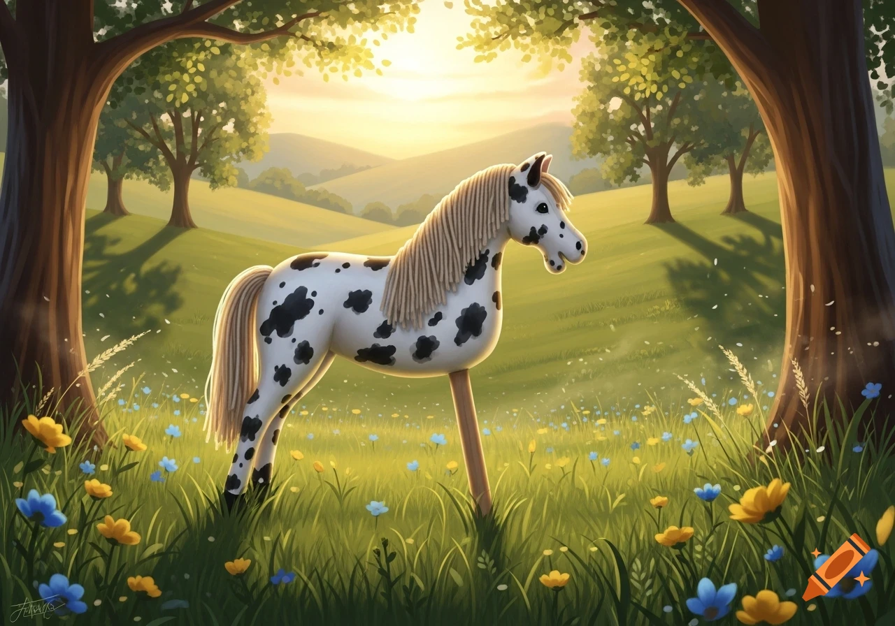 A whimsical, spotted hobby horse stands in a sunny green meadow with flowers, framed by trees against rolling hills and a bright sunset.