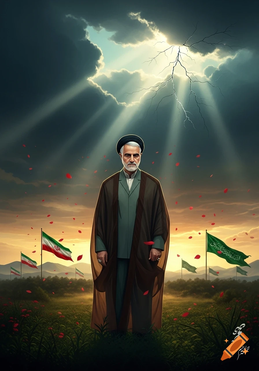 A stylized portrait of Qasem Soleimani standing in a field of red flowers, under a dramatic sky with light rays breaking through clouds and lightning. Iranian and green flags with illegible text are in the background.