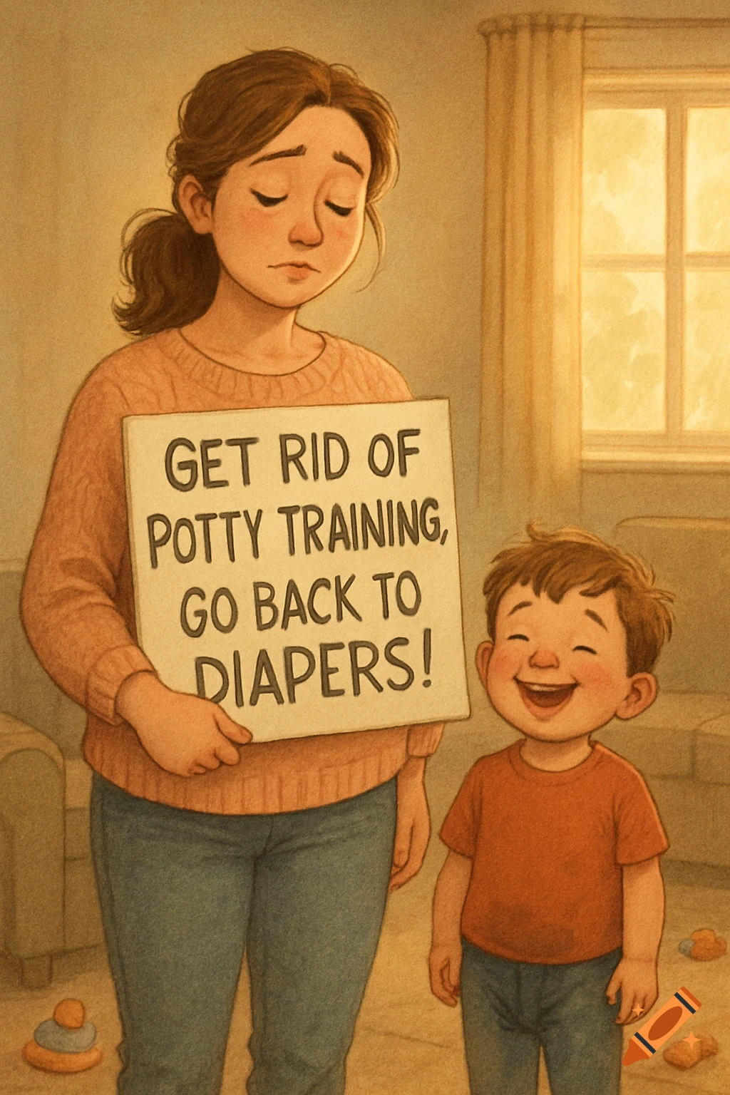 A concerned mother holds a sign saying "GET RID OF POTTY TRAINING, GO BACK TO DIAPERS!" next to a happy child, in a warm illustration style.