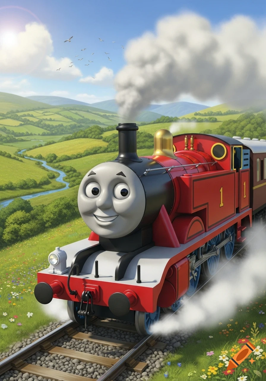 A cheerful red train with a smiling face, number 1 on its side, steams through a lush green countryside under a blue sky.
