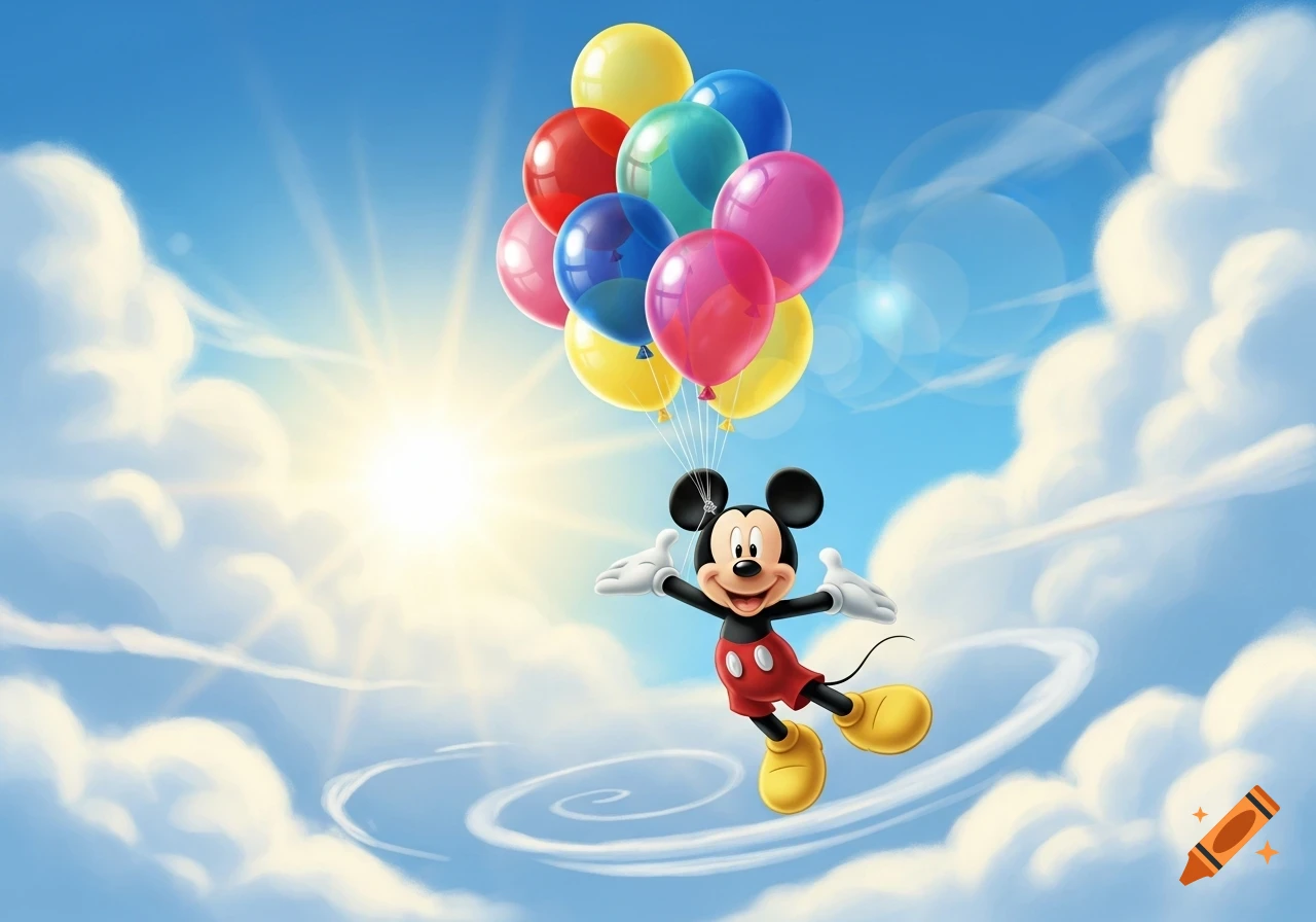 Mickey Mouse flies through a bright blue sky, smiling while holding a large bunch of colorful balloons.