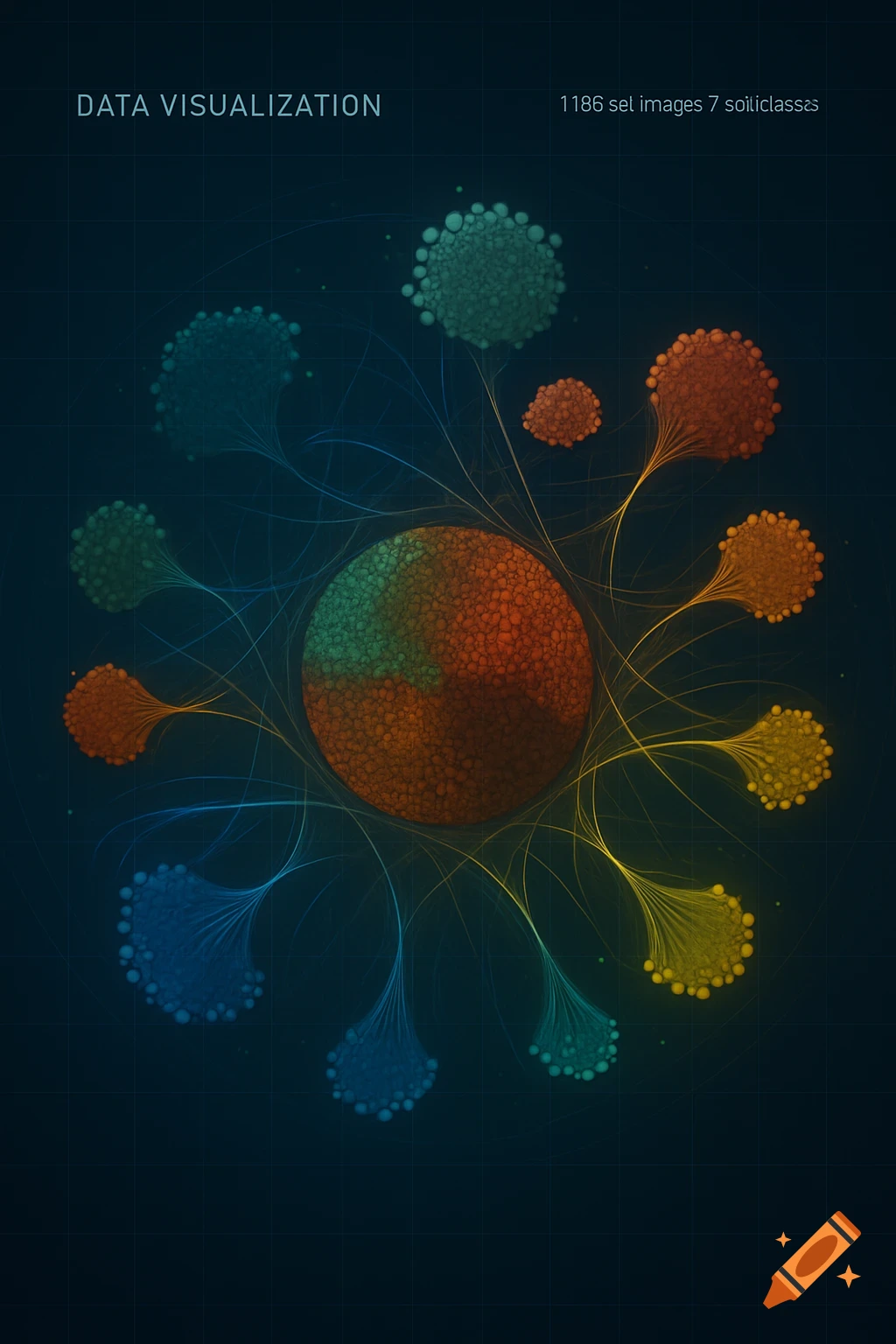 A dark blue background with a grid pattern, featuring a colorful abstract data visualization of interconnected bubble clusters.