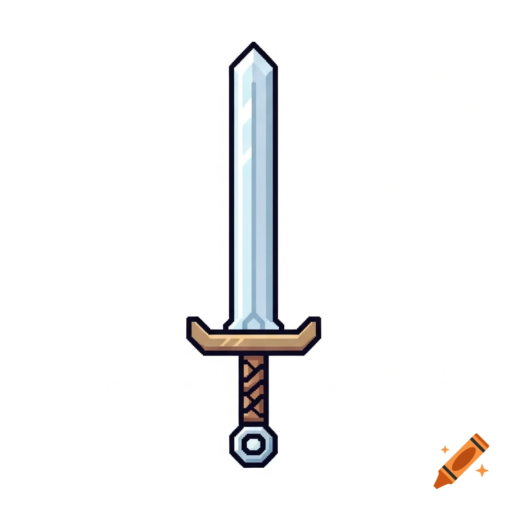 A simple pixel art sword with a silver blade, golden crossguard, and a brown wrapped hilt.