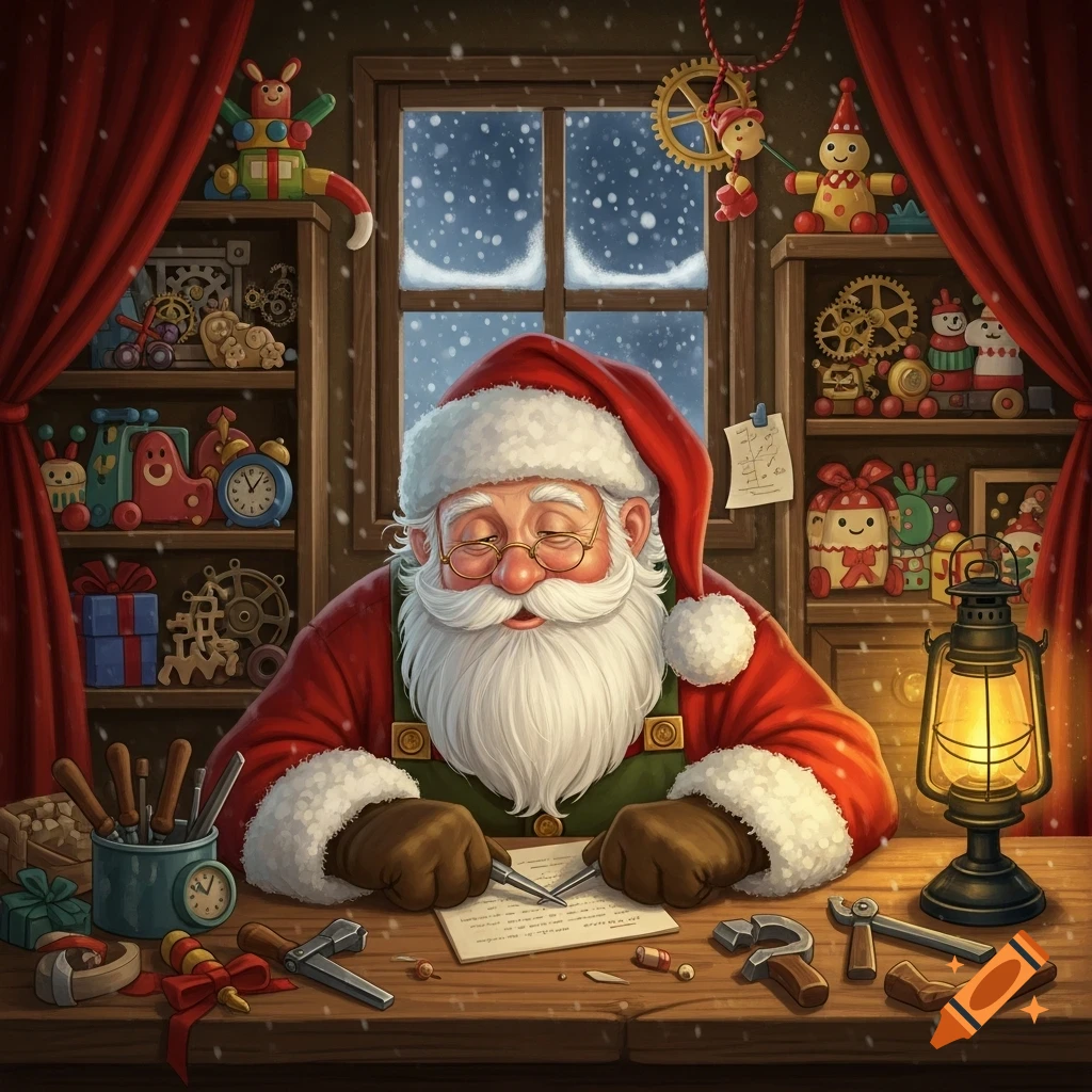 Santa Claus with closed eyes writes at a cluttered wooden desk in his cozy workshop with tools, toys, and a snowy window.