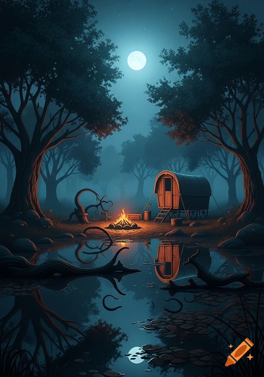 A full moon illuminates a cozy night camping scene in a dark forest, with a warm campfire, a wooden caravan, and reflections in a pond.