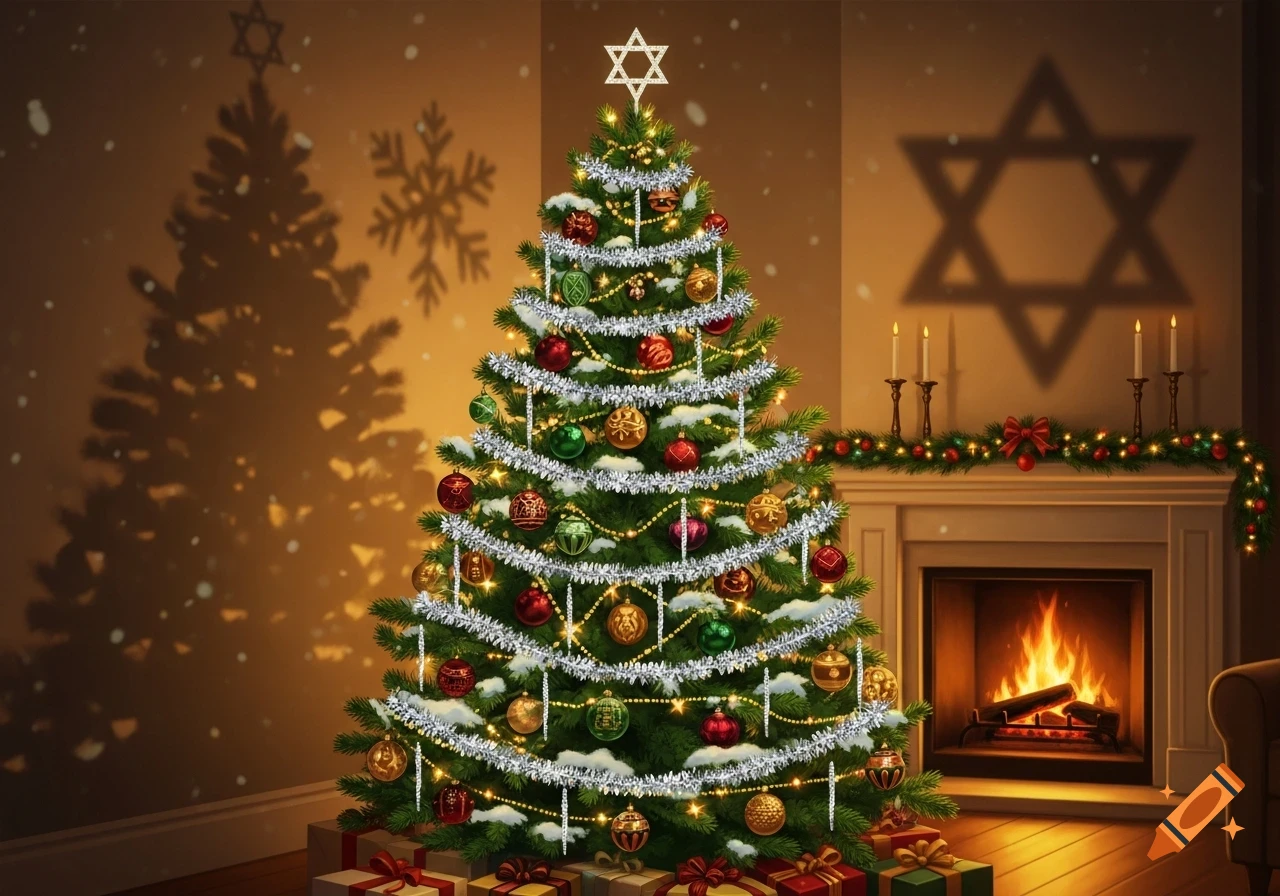 A decorated Christmas tree with a Star of David on top and presents, in a cozy room with a lit fireplace and a Star of David shadow.
