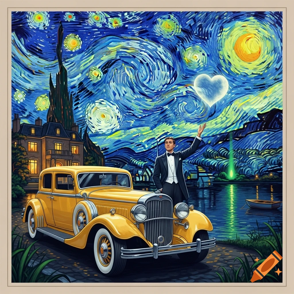 A man in a tuxedo stands by a yellow vintage car under a starry, swirled night sky with a heart moon, a building, and a lake, in the style of Van Gogh.