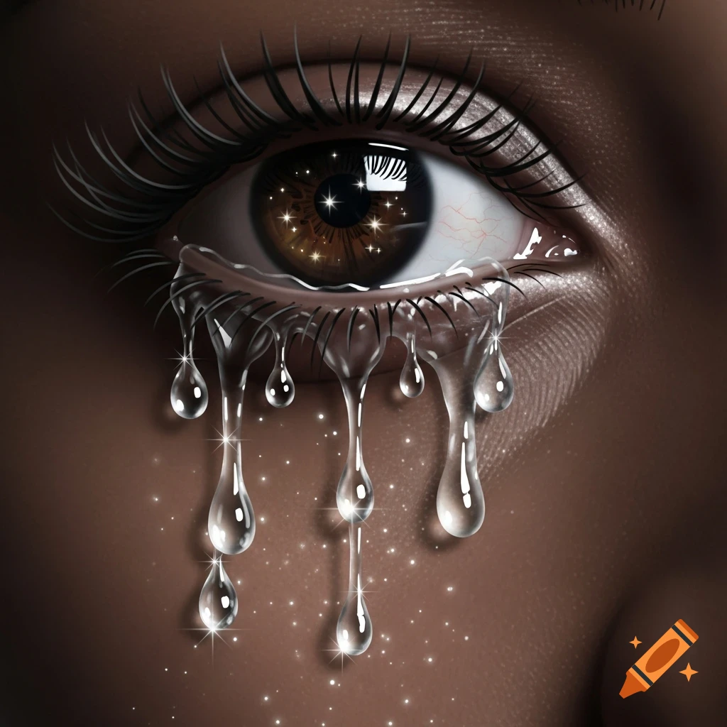Close-up of a dark-skinned eye crying large, glistening tears, with star-like reflections in the iris.
