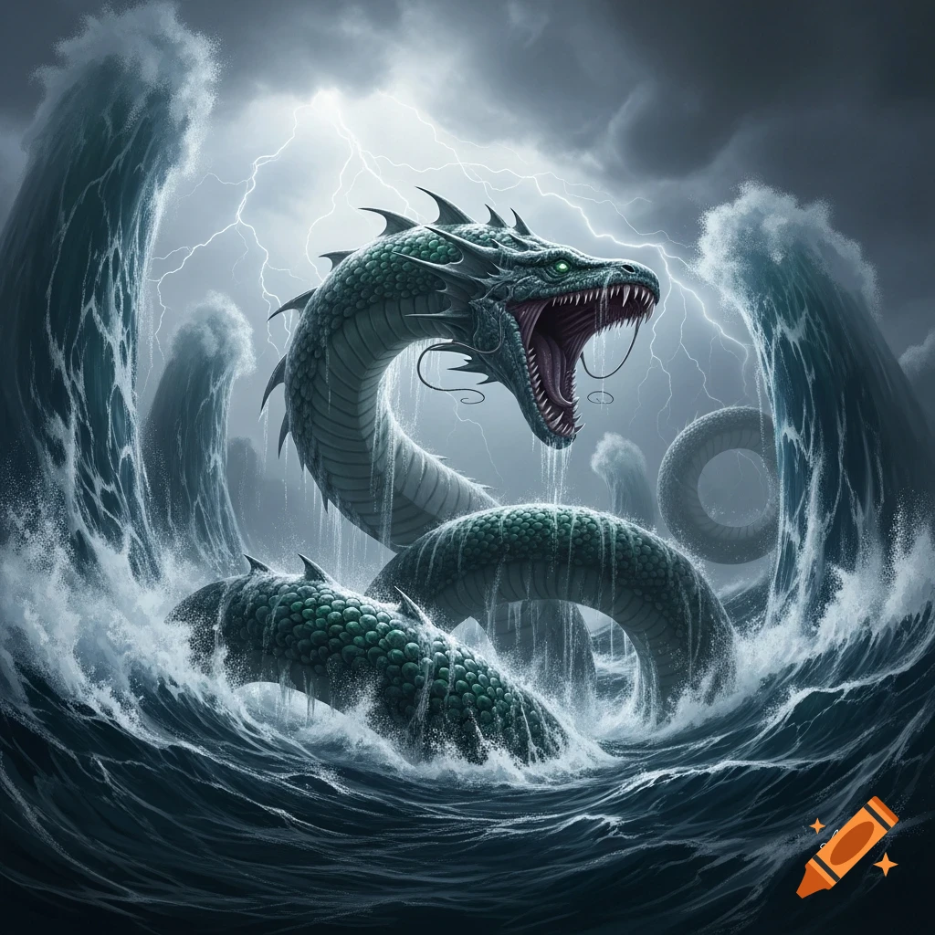 A colossal green sea serpent with glowing eyes and a fanged mouth rises from stormy ocean waves under lightning-filled skies.