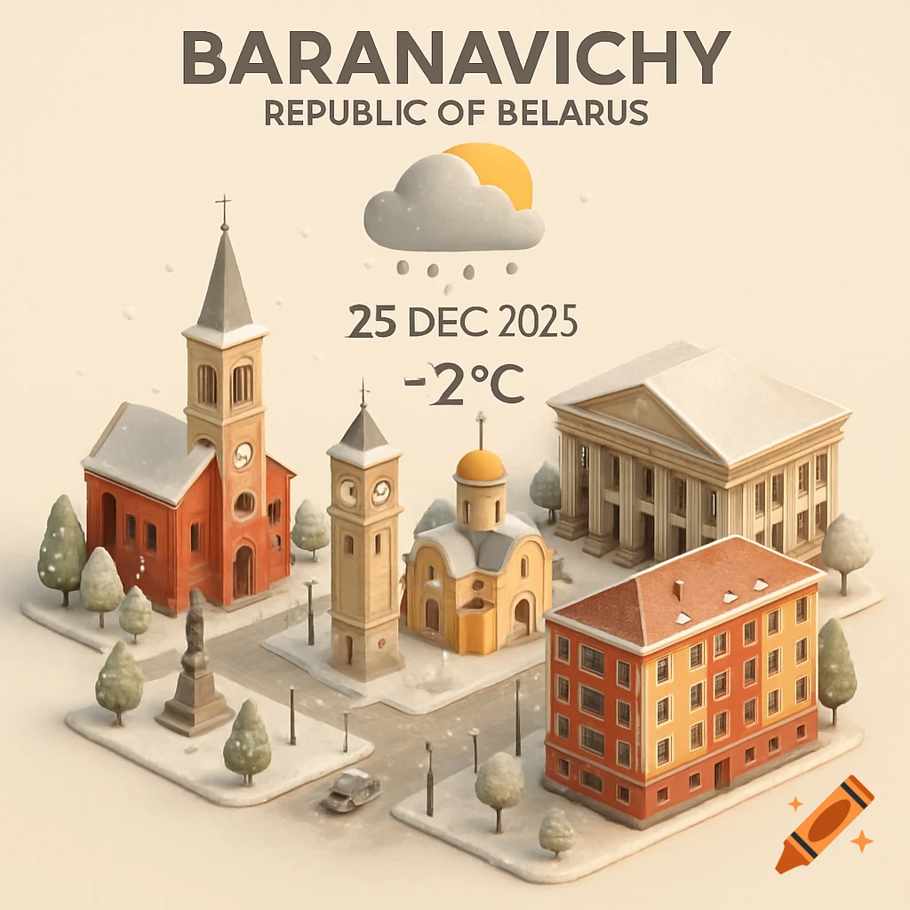 An isometric miniature cartoon city scene of Baranavichy, Belarus, in winter, showing buildings covered in snow, a weather icon, 25 Dec 2025, and -20C.