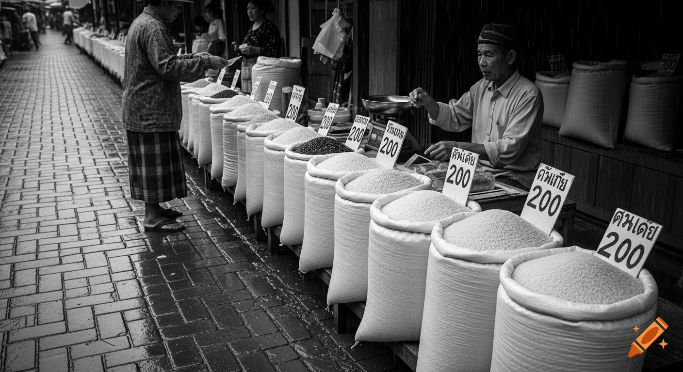 A black and white photo of a rainy outdoor market where a vendor sells sacks of rice and grains to customers.