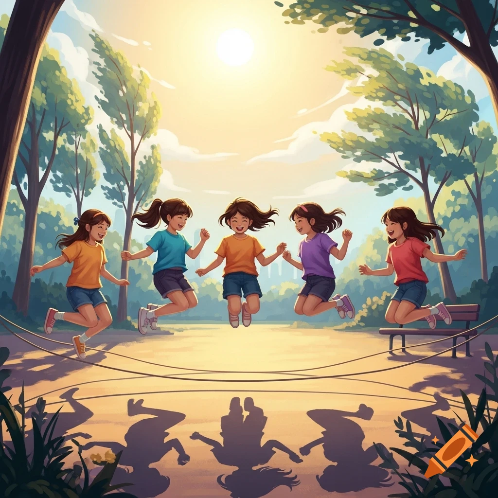 Five cartoon girls in colorful clothes happily jump elastic jump rope in a sunny park with trees.