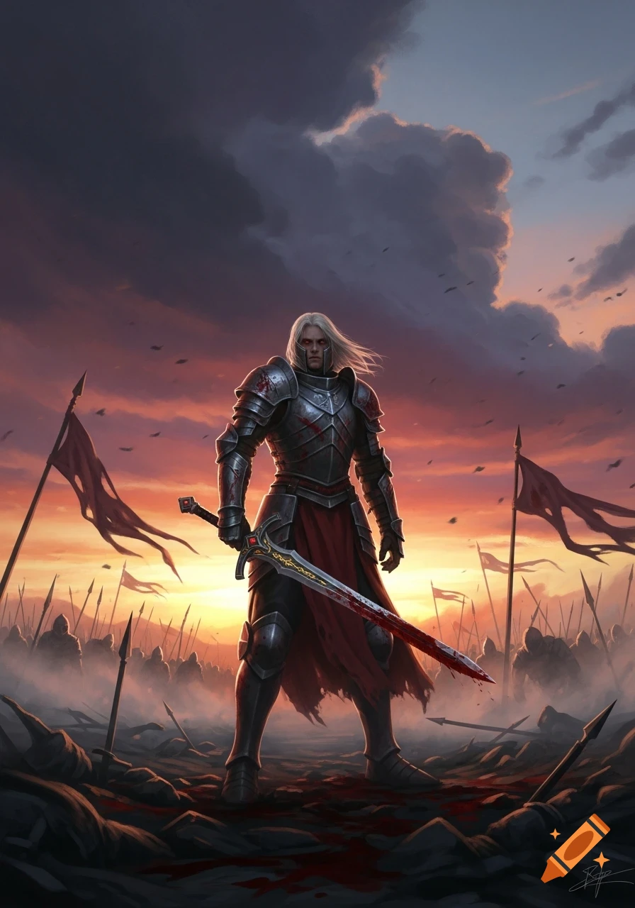 A white-haired warrior in bloodied armor holds a sword on a battlefield at sunset, surrounded by fallen soldiers and banners, in a fantasy art style.