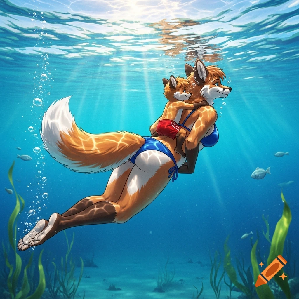 A furry fox mother in a blue bikini swims underwater with her son on her back, with fish and plants.