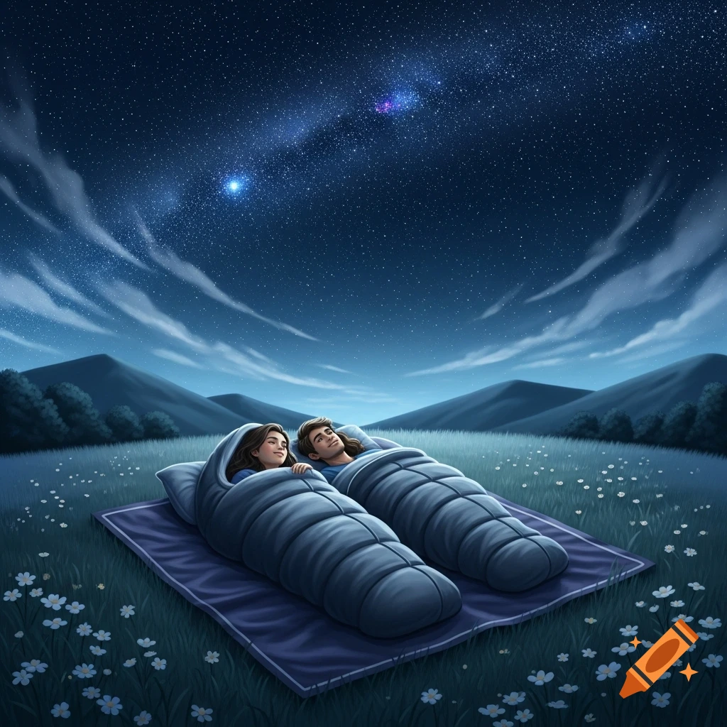 A couple lies in sleeping bags on a blue mat in a field, looking up at a vibrant starry night sky with mountains in the distance, in an illustrative style.