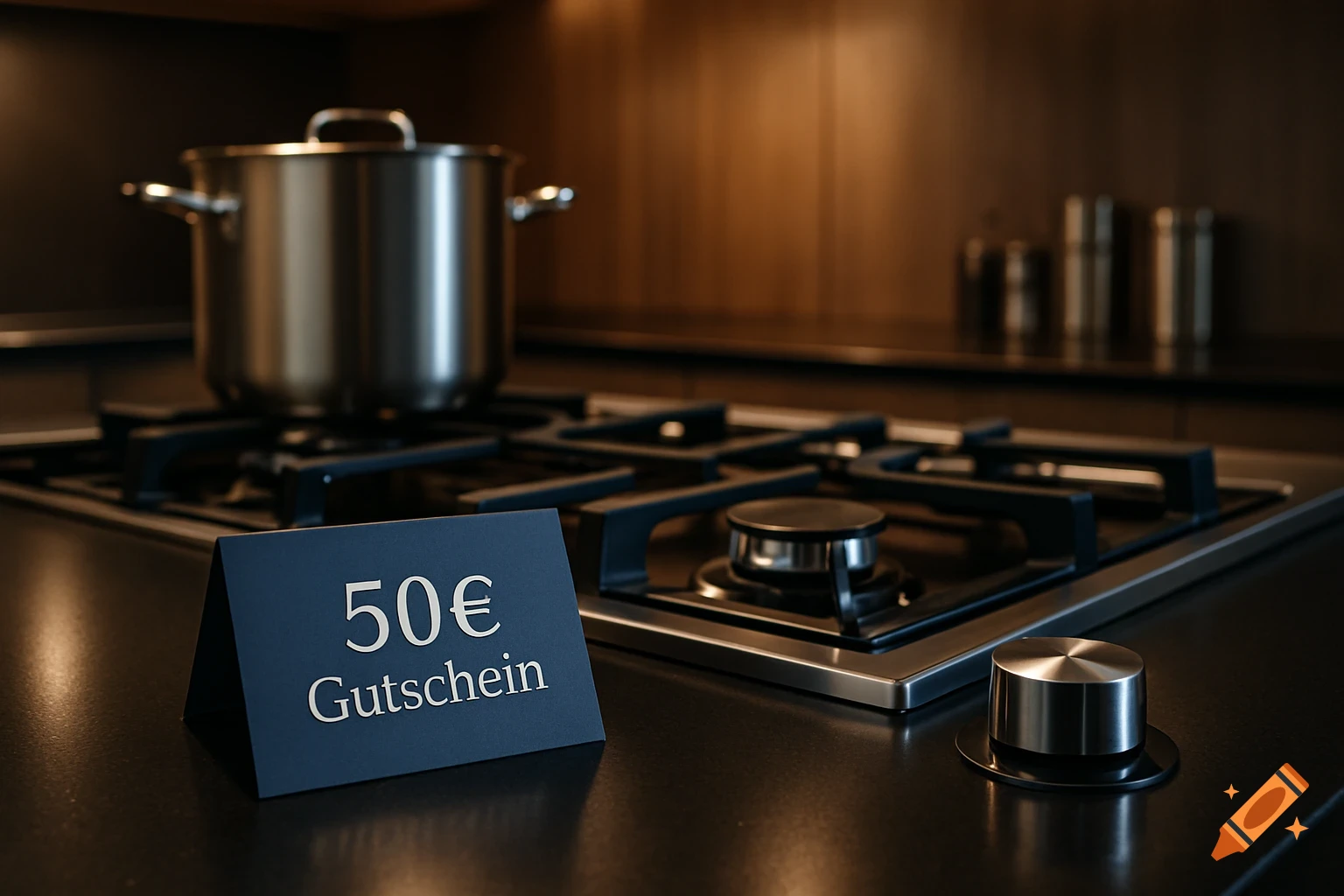 A photorealistic image of a modern kitchen counter with a gas stove, a pot, and a 50€ voucher card in the foreground.