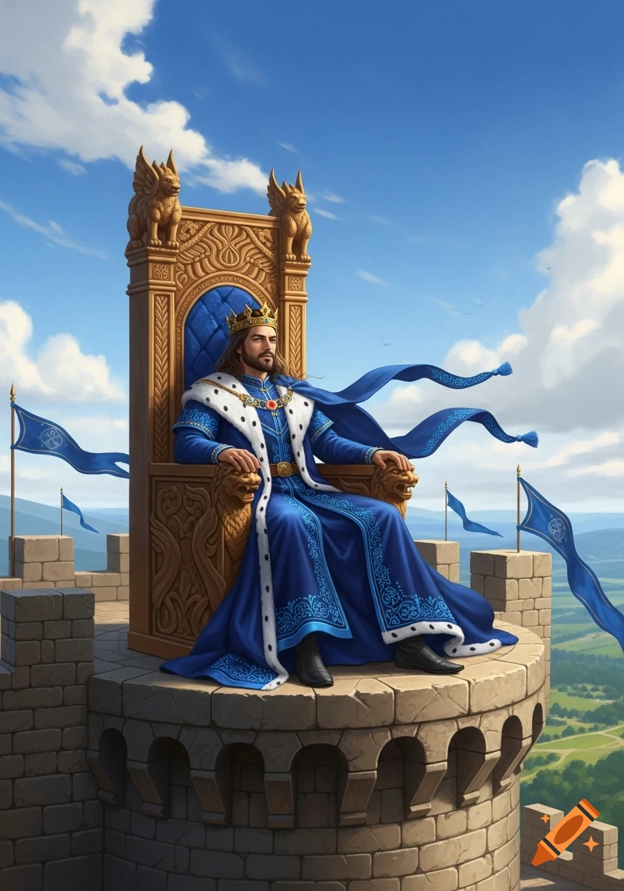 A medieval king in a blue robe sits on an ornate golden throne atop a stone castle tower against a blue sky.