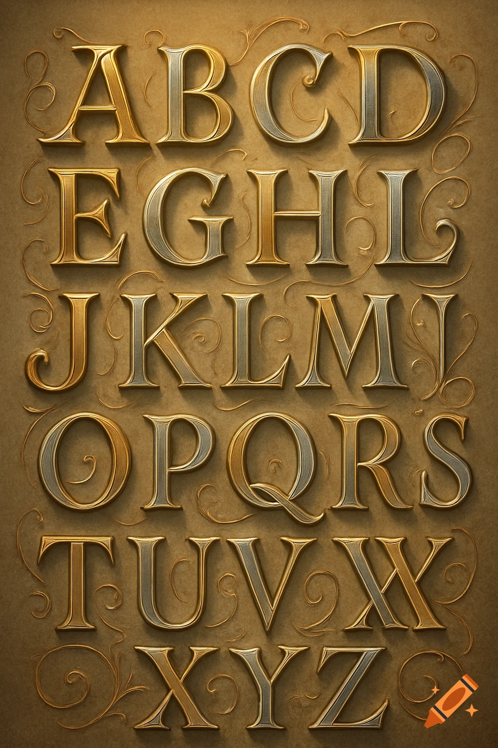 Ornate gold and silver capital English alphabet letters (A-Z) on a textured gold background with filigree flourishes.