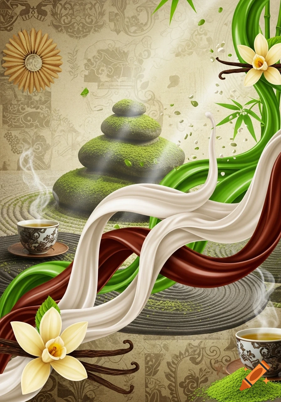 Vibrant illustration with vanilla, chocolate, and matcha swirls, mossy zen stones, bamboo, and steaming tea.