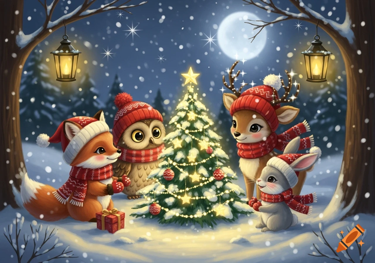 A cute fox, owl, deer, and rabbit in red hats and scarves gather around a glowing Christmas tree in a snowy forest at night.