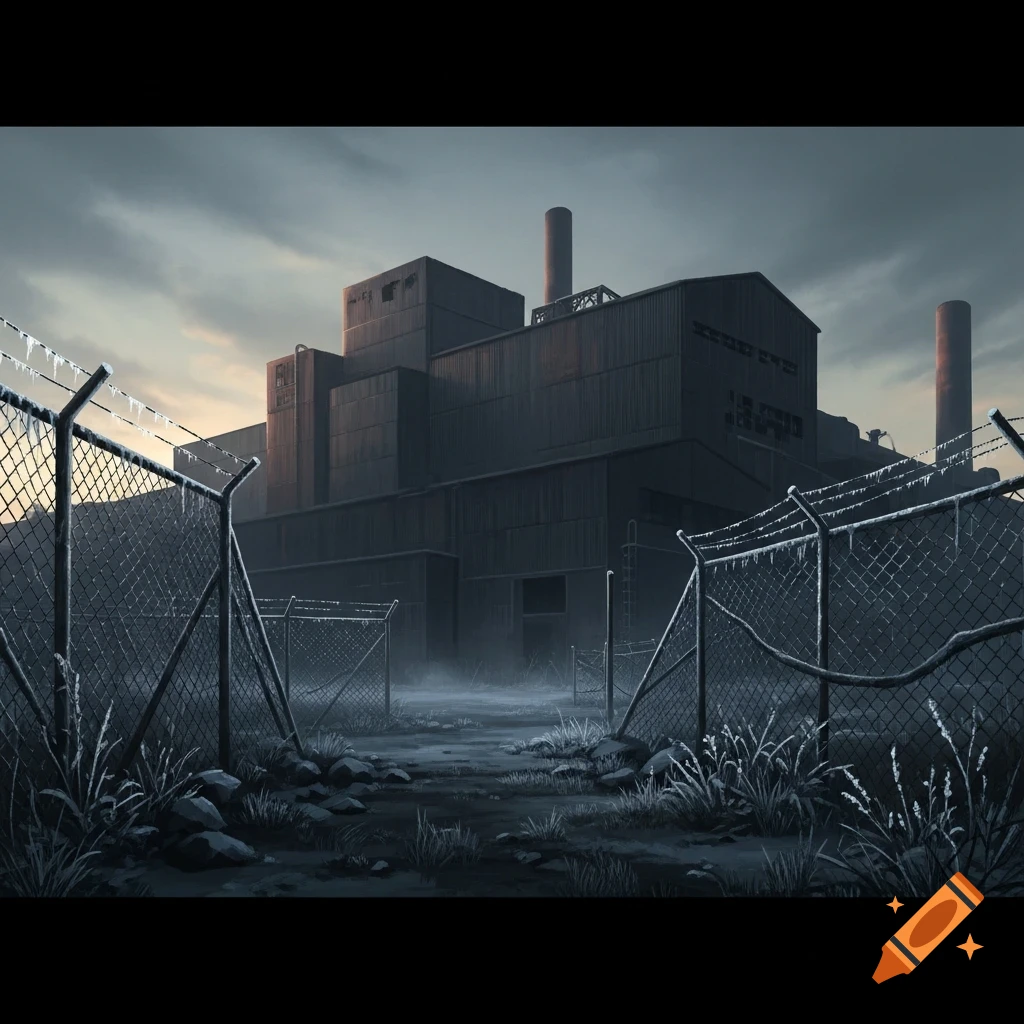 A stylized illustration of an abandoned, rusty factory at dusk, viewed through frost-covered chain-link fences.
